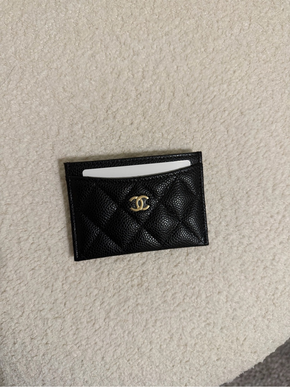 CHANEL Black Quilted Caviar Leather Card Holder with Gold CC
